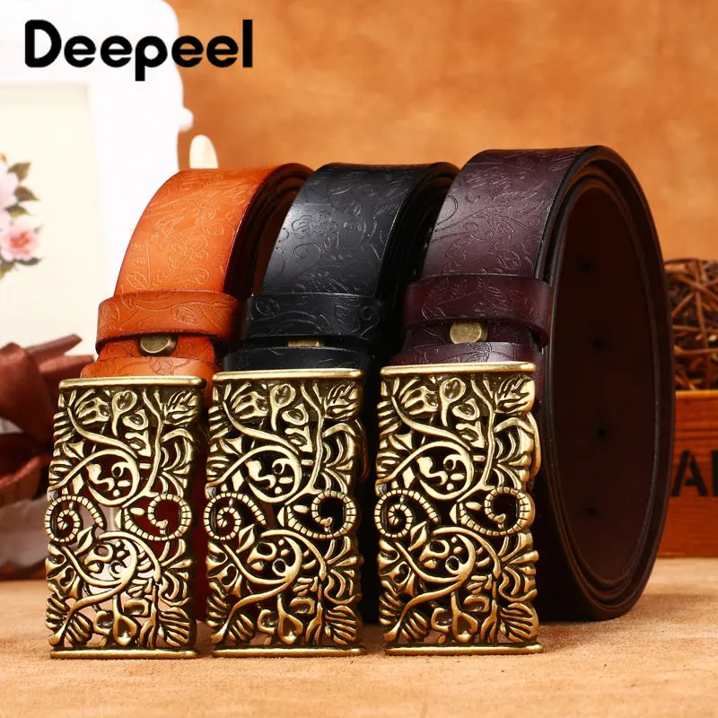 

Deepeel 2.8*110cm Women's Retro Embossed Leather Belt 2nd Layer Cowhide Smooth Buckle Belts Fashion Wide Female Corset Waistband