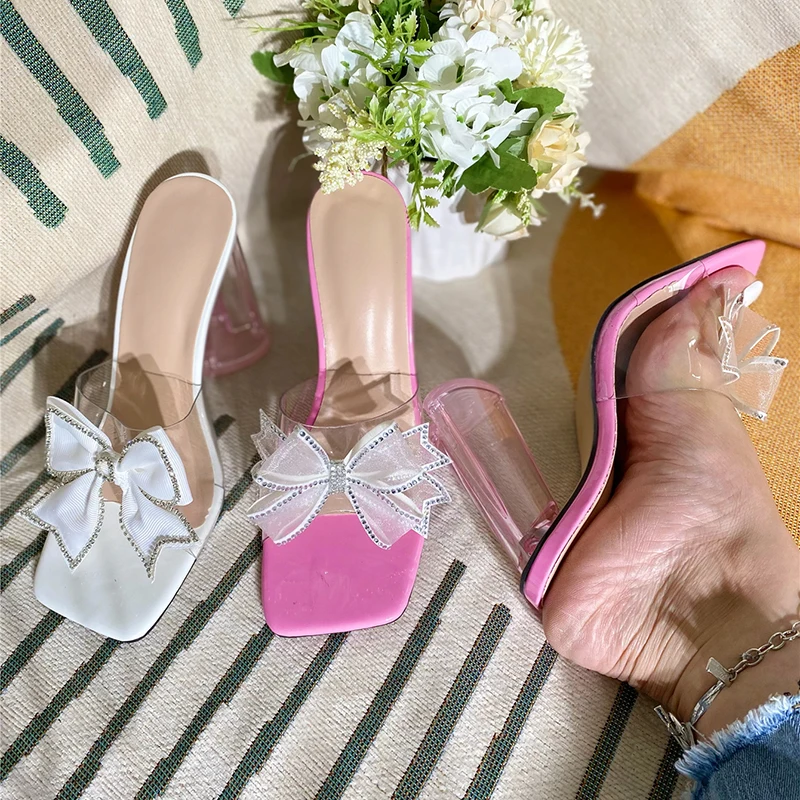 Kcenid Fashion Crystal Bowkknot PVC Sandals Strange Clear High Heels Female Shoes Transparent Slippers For Women 2024 Summer