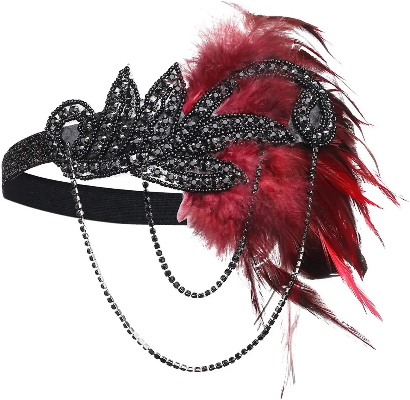 1920s Headband Costume Props Charleston costume accessories Nude Flapper Headpiece Great Gatsby feather beaded headband Chain