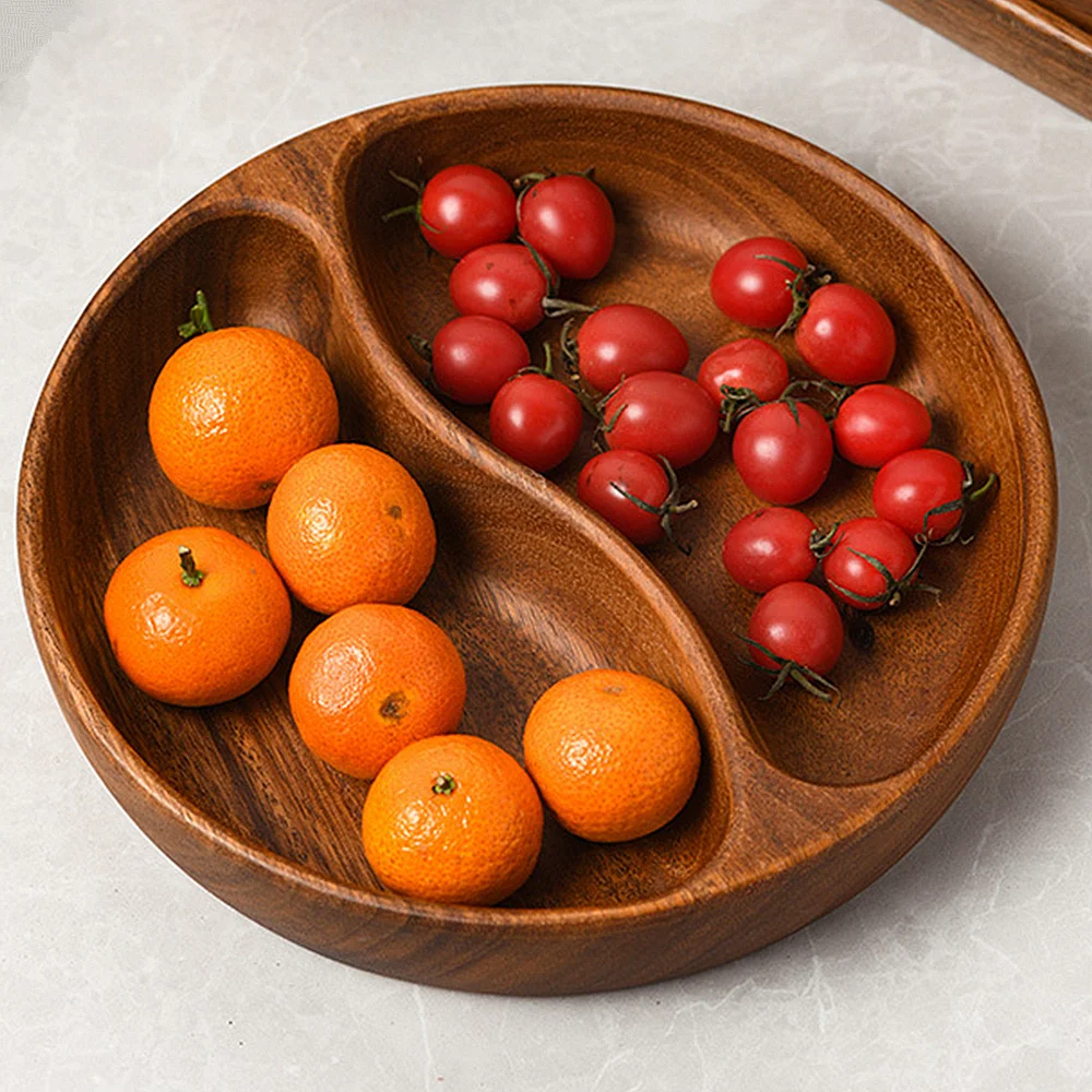 Solid Wood Serving Tray, 5 Compartment Wooden Bread Fruit Dessert Plate Tea Saucer Dish Pan