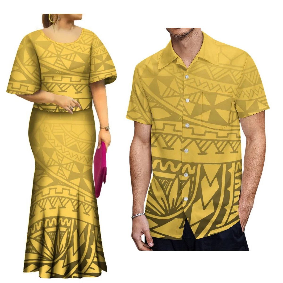 

Polynesian tribe fashion designs a long fishtail skirt flared sleeve and a Puletasi mermaid skirt with a men shirt couple suit