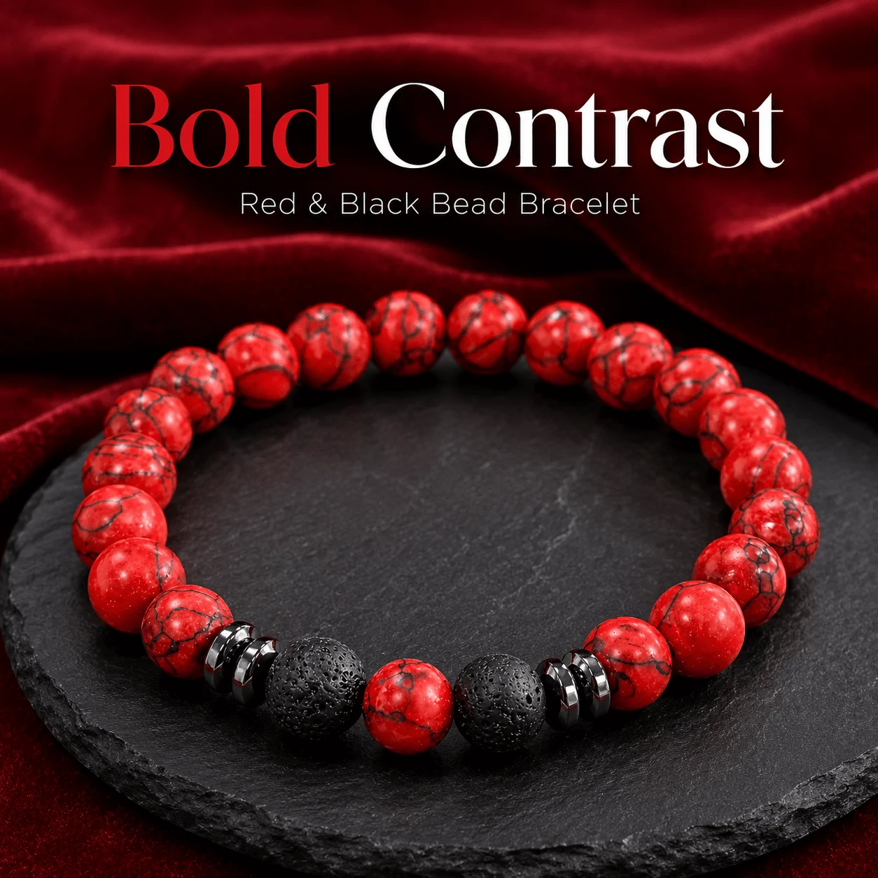 Elegant Red & Black Beaded Bracelet with Matte Finish—A Perfect Gift Choice