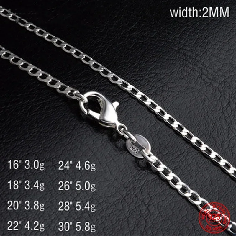 1PCS 16-30inches 925 Sterling Silver 2MM Flat Necklace Chain Women Men Fashion Wedding Party Jewelry Gift