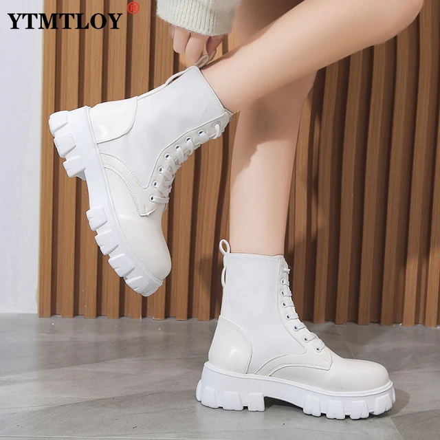 New Botas Women Motorcycle Ankle Boots Wedges Female Lace Up Platforms Spring Black Leather Oxford Shoes Women  Botas Mujer Bag 3