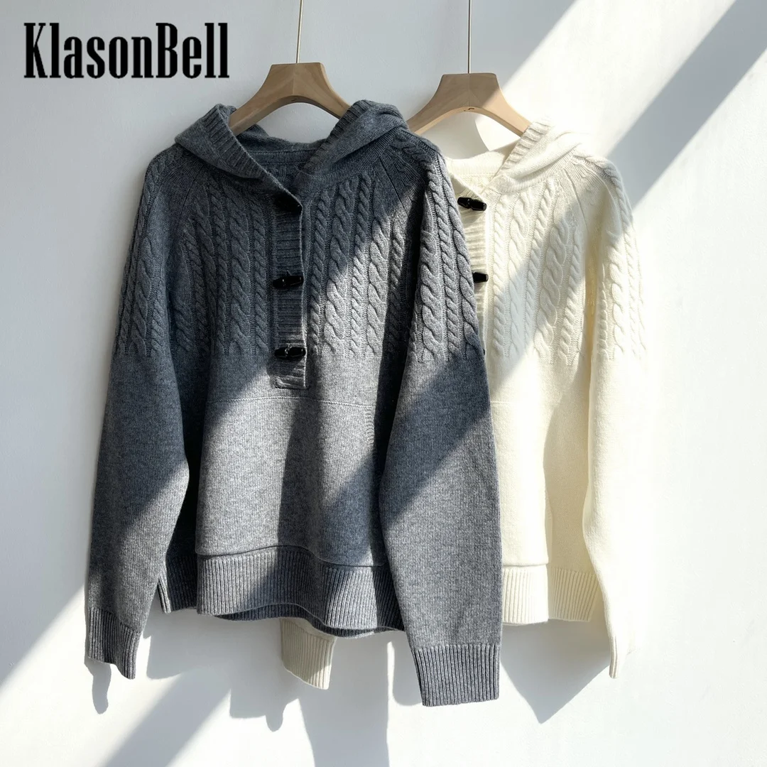 

12.9 KlasonBell 100% Cashmere Knitwear Twist Flower Jacquard Button Kangaroo Pocket Decoration Hooded Knit Sweater Women