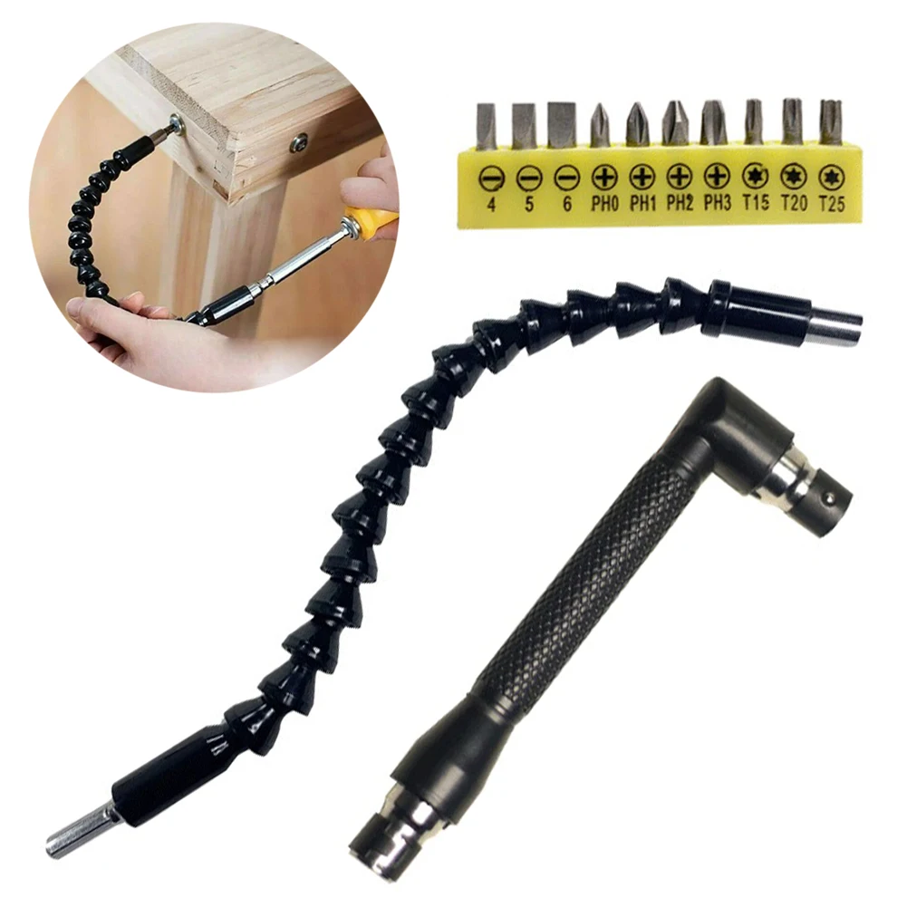 ערכת ציר הארכה גמישה מתאם זווית ימין L מפתח עם ביטים מגנטיים 1/4 ביטים הקסגונליים של מברג