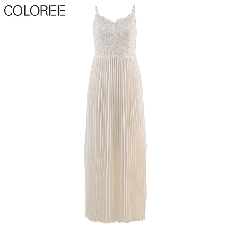 

Sexy Beige Lace Spaghetti Strap Long Summer Dress 2023 Women Vintage Draped Pleated Maxi Dresses Korean Fashion Clothing
