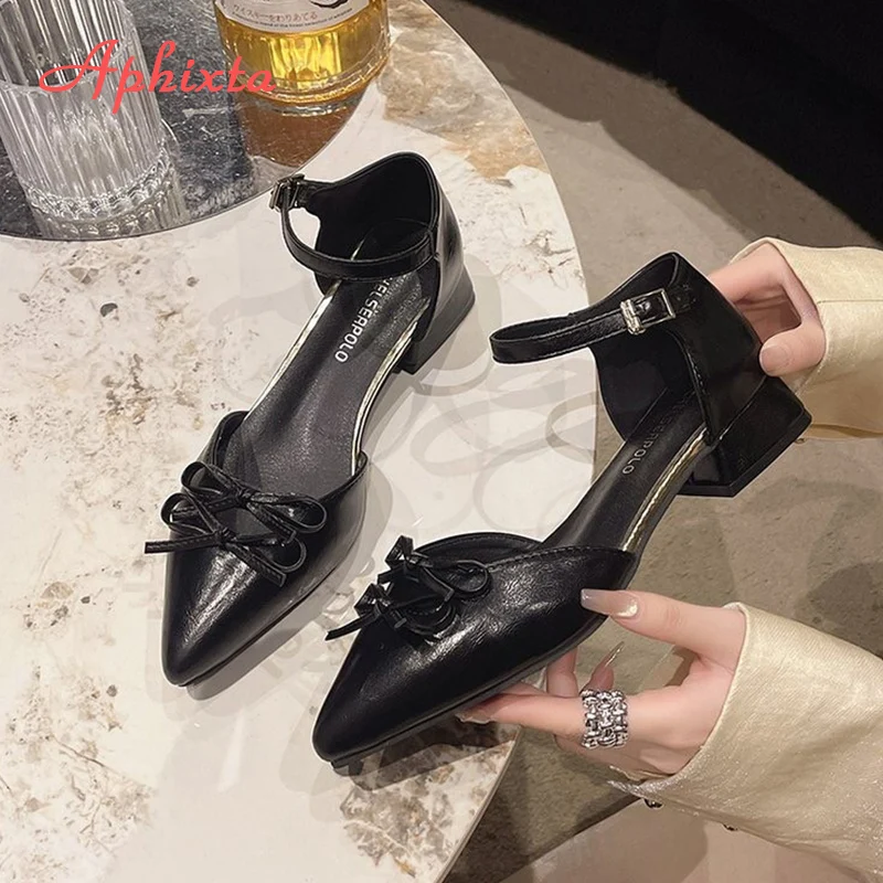Aphixta Butterfly Knot Dec Summer Sandal Pointed Toe Sweet Sandals Silver Low Heels Dress Woman Shoes Pimp sandalias de mujer