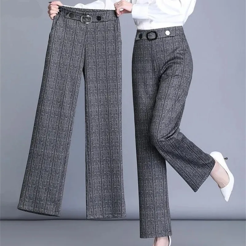 2024 New Spodnie Plaid Office Straight Pant Women Big Size 4XL Korean Casual Baggy Pantalone High Waist Formal Wide Leg Trousers