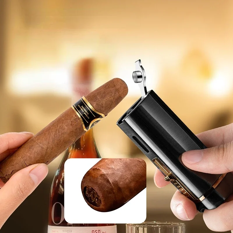 New Luxury Cigar Lighter Torch Metal Straight Jet Butane Lighter Smoking Accessories Cool Cigar Punch Men's Gifts 5