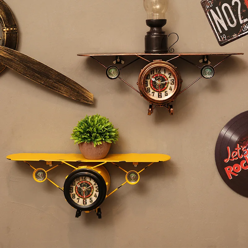 American Retro Plane Model Wall Clock, Industrial Bar Decor Item, Creative Aged Storage Shelf, Aviation Catalog