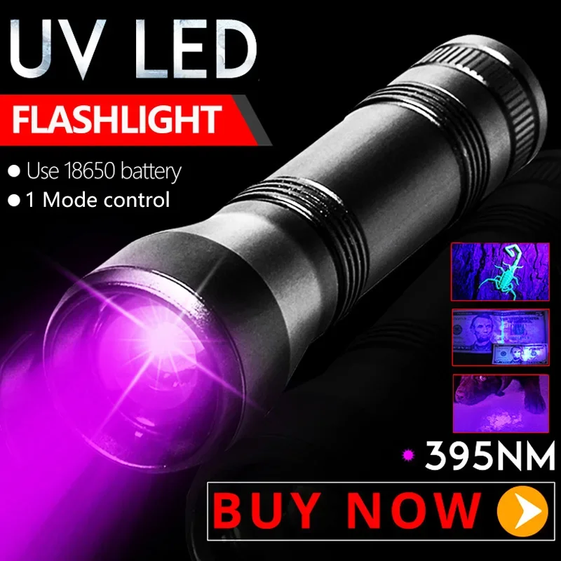 

395nm LED UV Flashlight 18650 1 Mode Ultraviolet Torch Purple Light Rechargeable Zoom Black Light Pet Urine Stains Detector