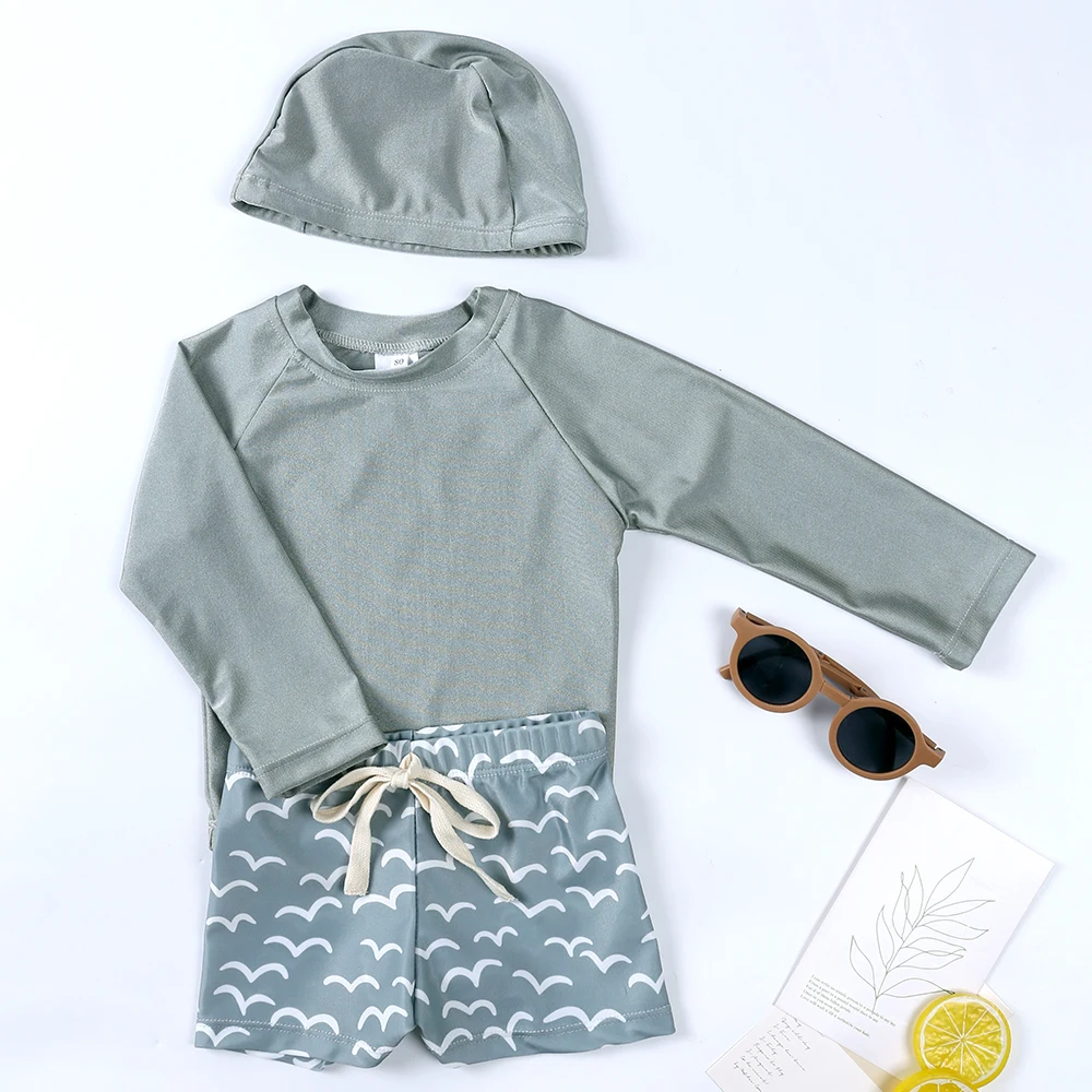 2025 Summer Kids Boy Swimsuits Sun Protection Vacation Beach Pants Long sleeve Tops with Hat Children Surfing Swim Suit 1-7T 4