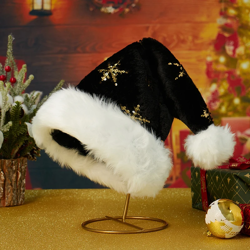 Sequin Christmas Hats for Adults Glitter Snowflake Embroidered Santa Claus Hats Party Cap with Fur Trim