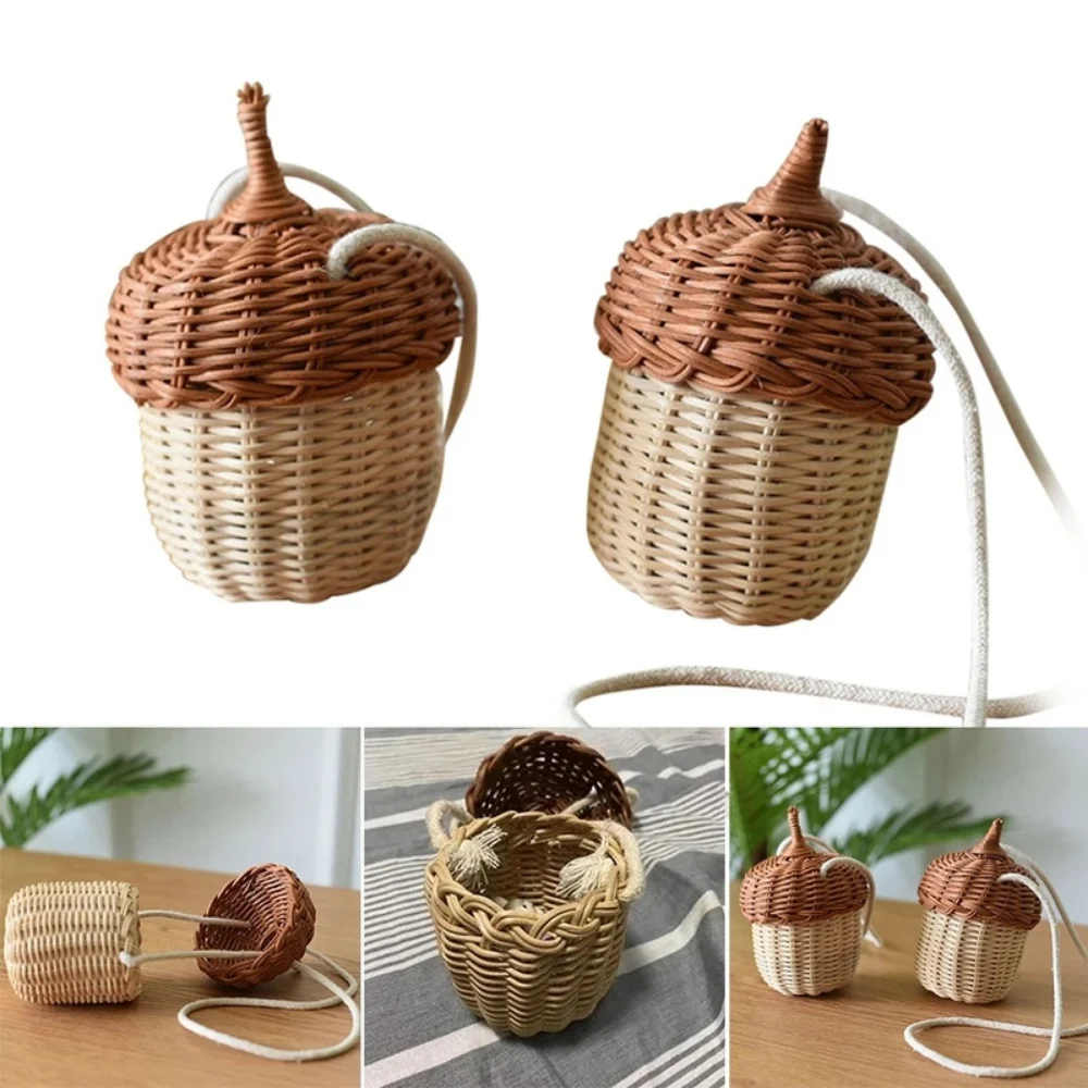 Handwoven Rattan Bag Acorn Shaped: Wicker Crossbody Handbag Beach