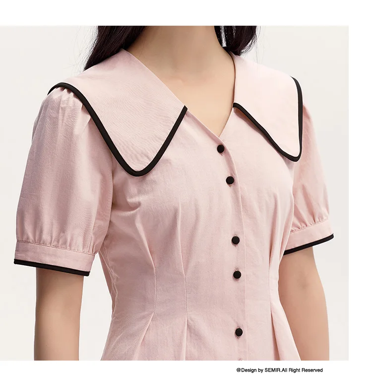Vestido de mujer de algodón puro con mangas abullonadas, nuevo vestido de verano con bloques de color, solapa grande y largo medio, estilo universitario.