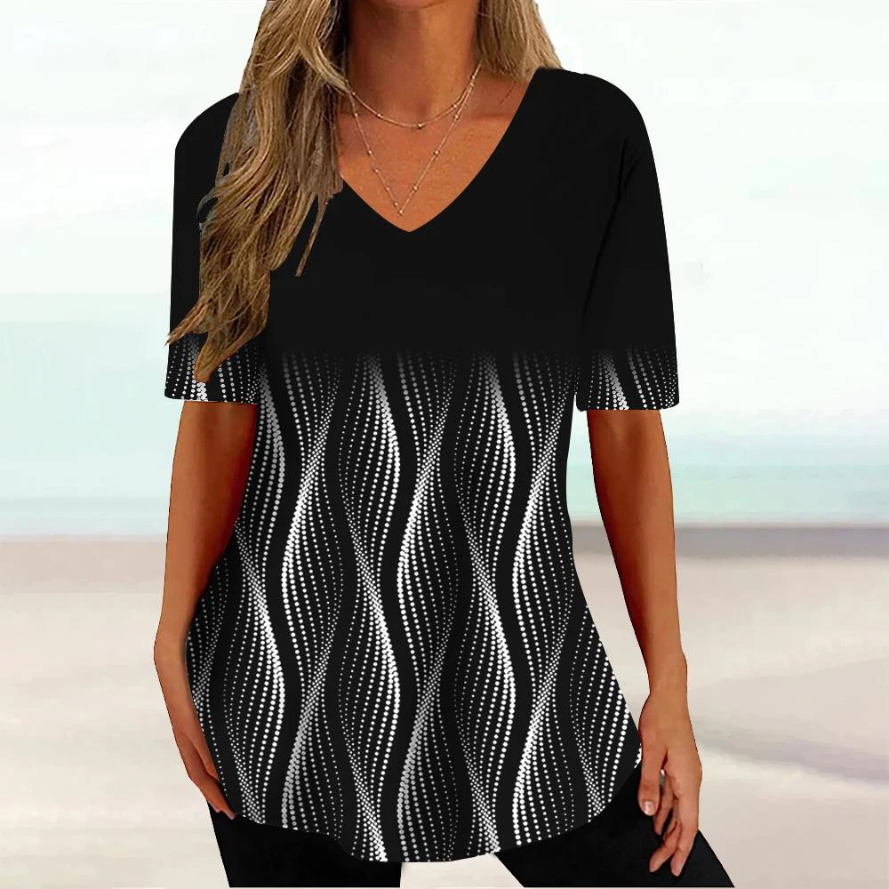 WomenTee T Shirt Stereoscopic Line 3d Graphic Print T-shirt Women Fashion V-Neck Short Sleeve Summer Striped Tops Tees Plus Size 6 S039a8abeb8ea4412920bc1840408a4f6d
