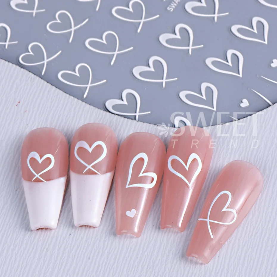 9pcs Valentine's Day Nail Art Stickers 3D Black White Pink Lines Love Heart Nail Decals DIY Adhesive Slider Manicure Decoration