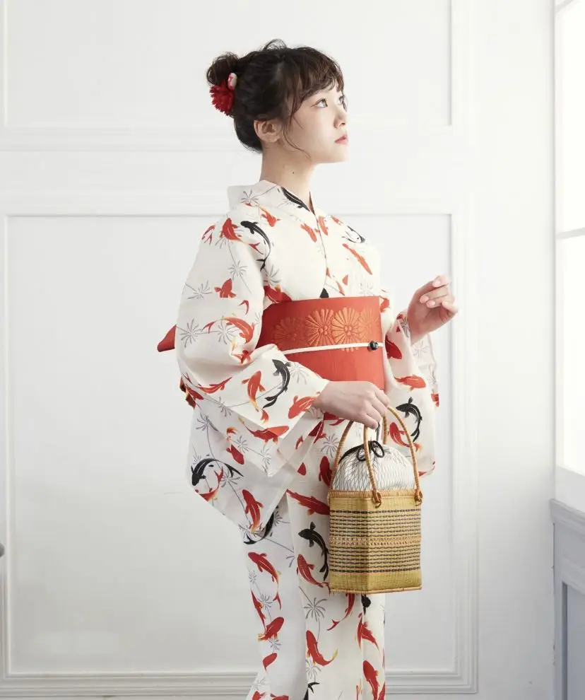 Women's Japanese Yukata Kimono 160cm Goldfish Print Summer Dress, Formal Lightweight Cotton - Image 2
