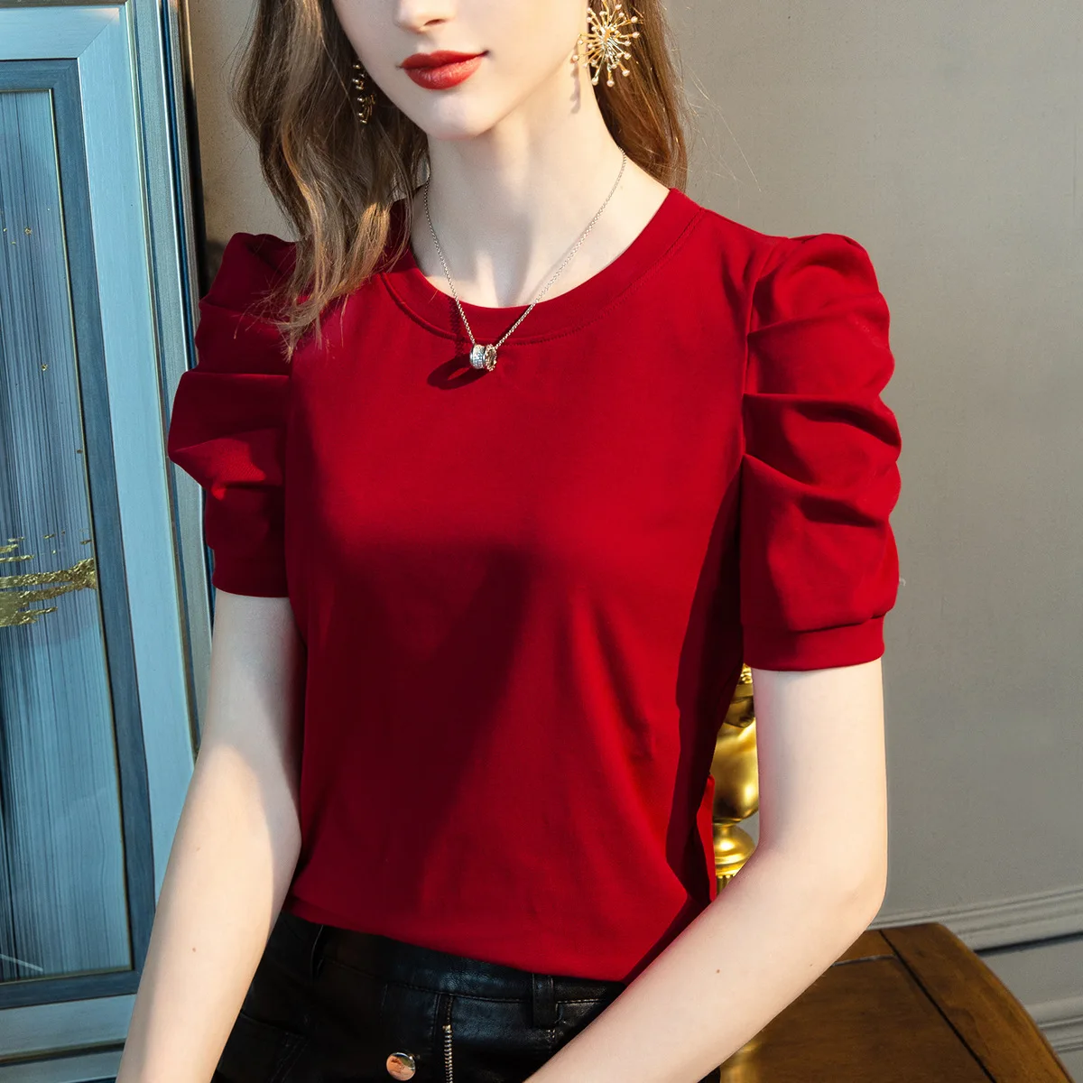 White Short-sleeved T-shirt Women\'s Tshirts Summer New French Puff Sleeves Stretch Cotton Solid Color Basic Y2k Tops Shirts