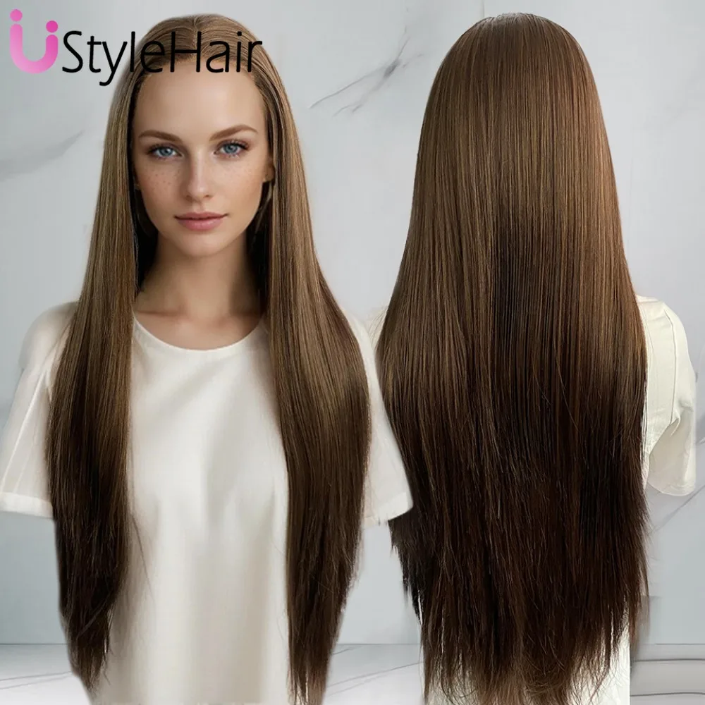 Synthetic wig UStyleHair Brown Wig Lace Front Mix Color Long Silky Straight Synthetic Lace Wig Natural Hairline Daily Use Cosplay Party Wigs