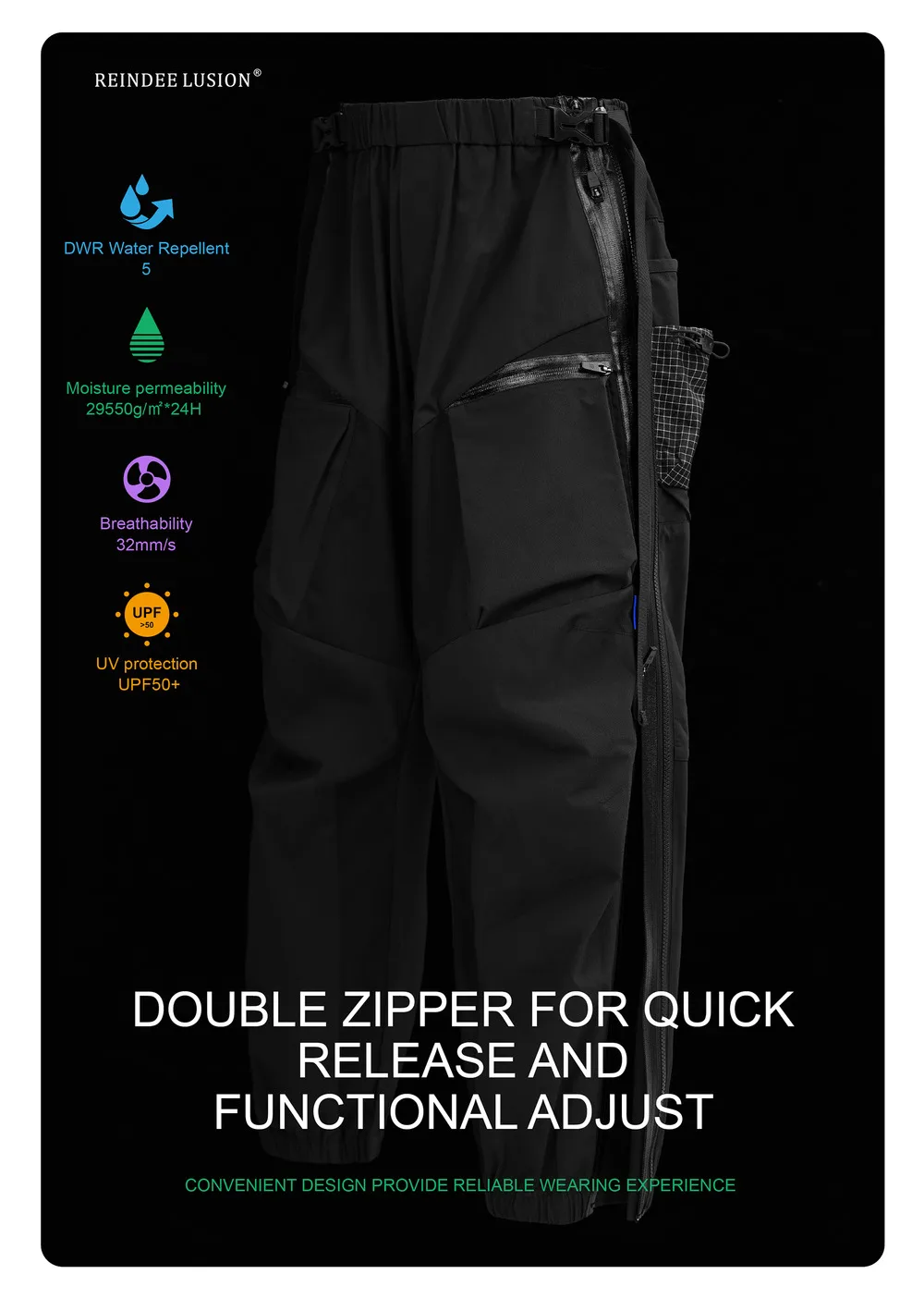 Reindee lusion 23aw quick release zipper waterproof pants integrated waist adjustment multiple pockets techwear gorpcore