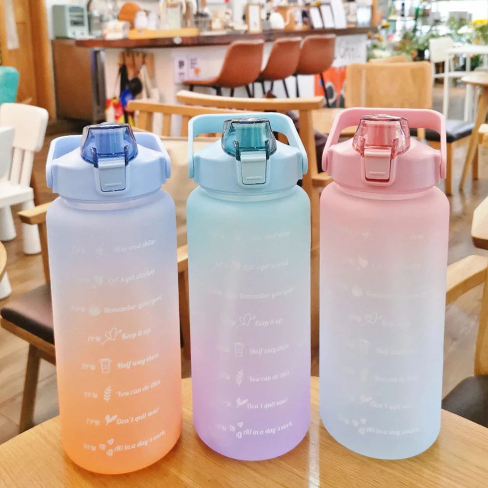 2L Straw Water Bottle Large Capacity Plastic Water Cup Portable Drink Bottle With Time Marker For Outdoor Sports Fitness
