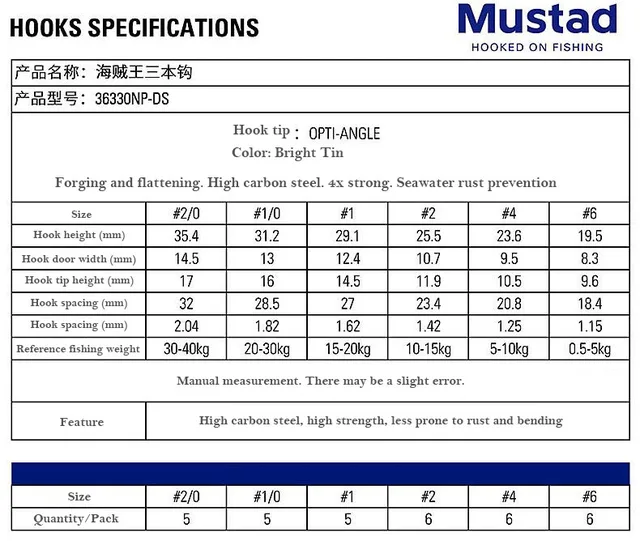 Mustad 36330NP Treble Hook 4X Strong 6#-2/0 High Carbon Steel Big