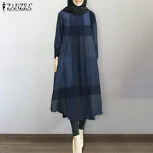 

ZANZEA Women Holiday Casual Muslim Bohemian Buttons Layered Elegant Dresses Long Sleeved Plaid Printed Casual Loose Long Dress