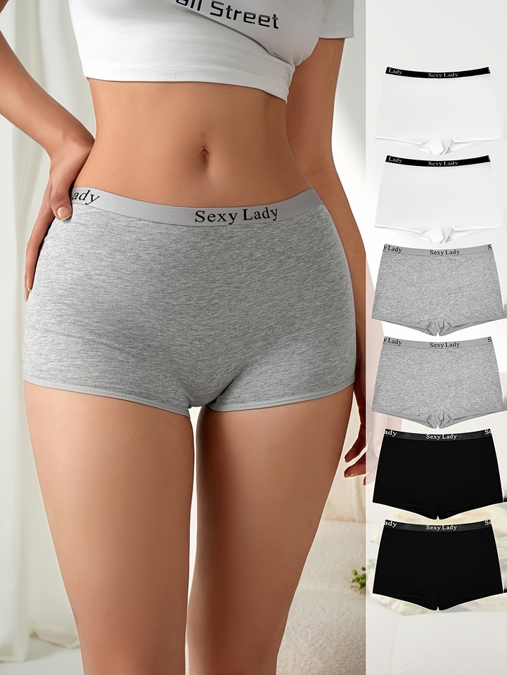6-piece simple English belt women's underwear, sporty and energetic basic cotton boxer pants, women's four-cornered underwear