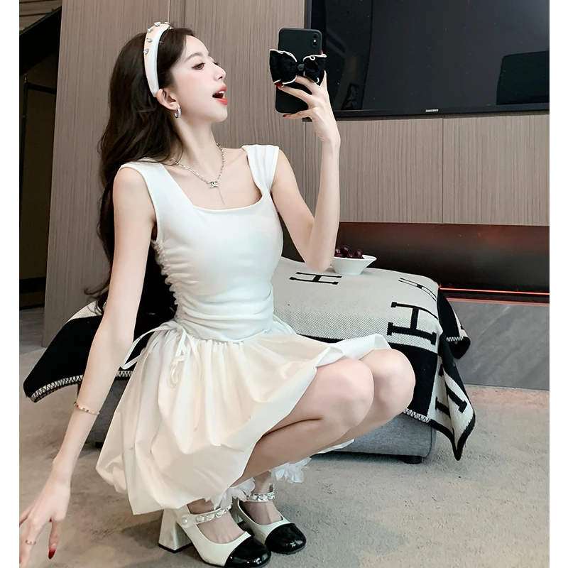 

2024 Summer New Ballet Style Square Neck Drawstring Strap Flower Bud Dress Sweet Girl White Waist Short Skirt for women