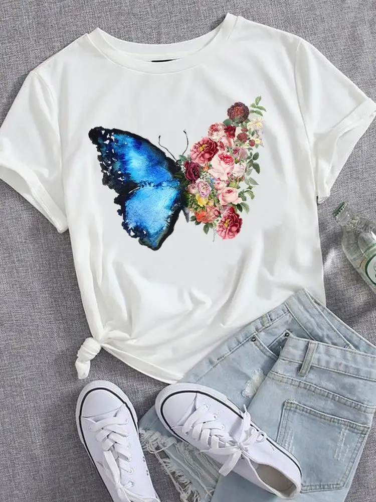 

Модная Повседневная футболка, Женский Топ, футболка с принтом и коротким рукавом, одежда с акварельным рисунком бабочки 90-х, женская одежда, футболки с графическим рисунком