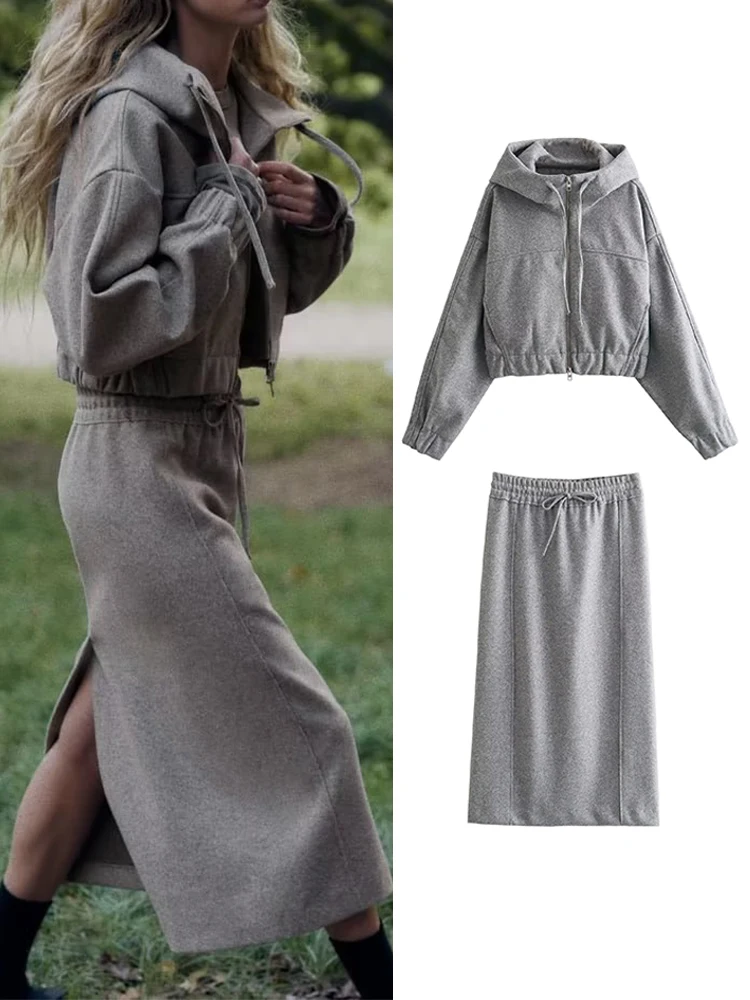 

TRAF Fashion Women Solid Hooded Jackets Skirt Sets 2023 Autumn Elegant Zipper Long Sleeve Coat Top Straight Mid-Calf Skirt Suits