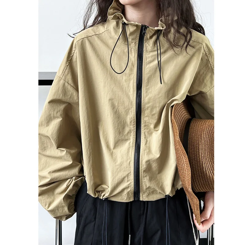 

Autumn Stand Collar Drawstring Zipper Jacket Women Lantern Sleeve Short Coat Sun Protection Clothes