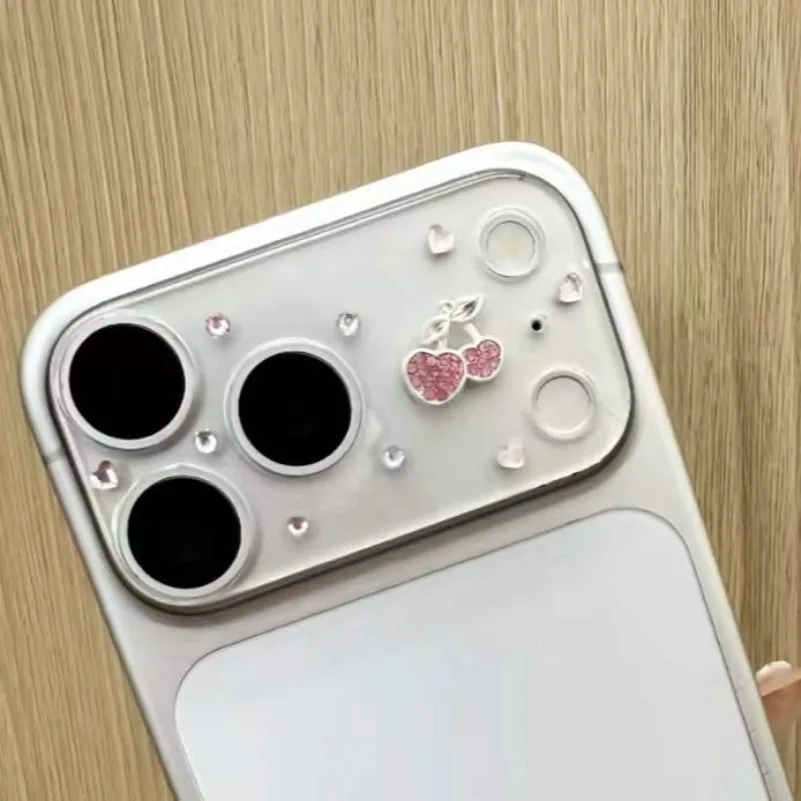 Ins Korean Cute Glitter 3D Rhinestone Colorful Cherry Lens Film for iPhone 17Pro 17 Pro Max Full Cover Glass Camera Protector 5