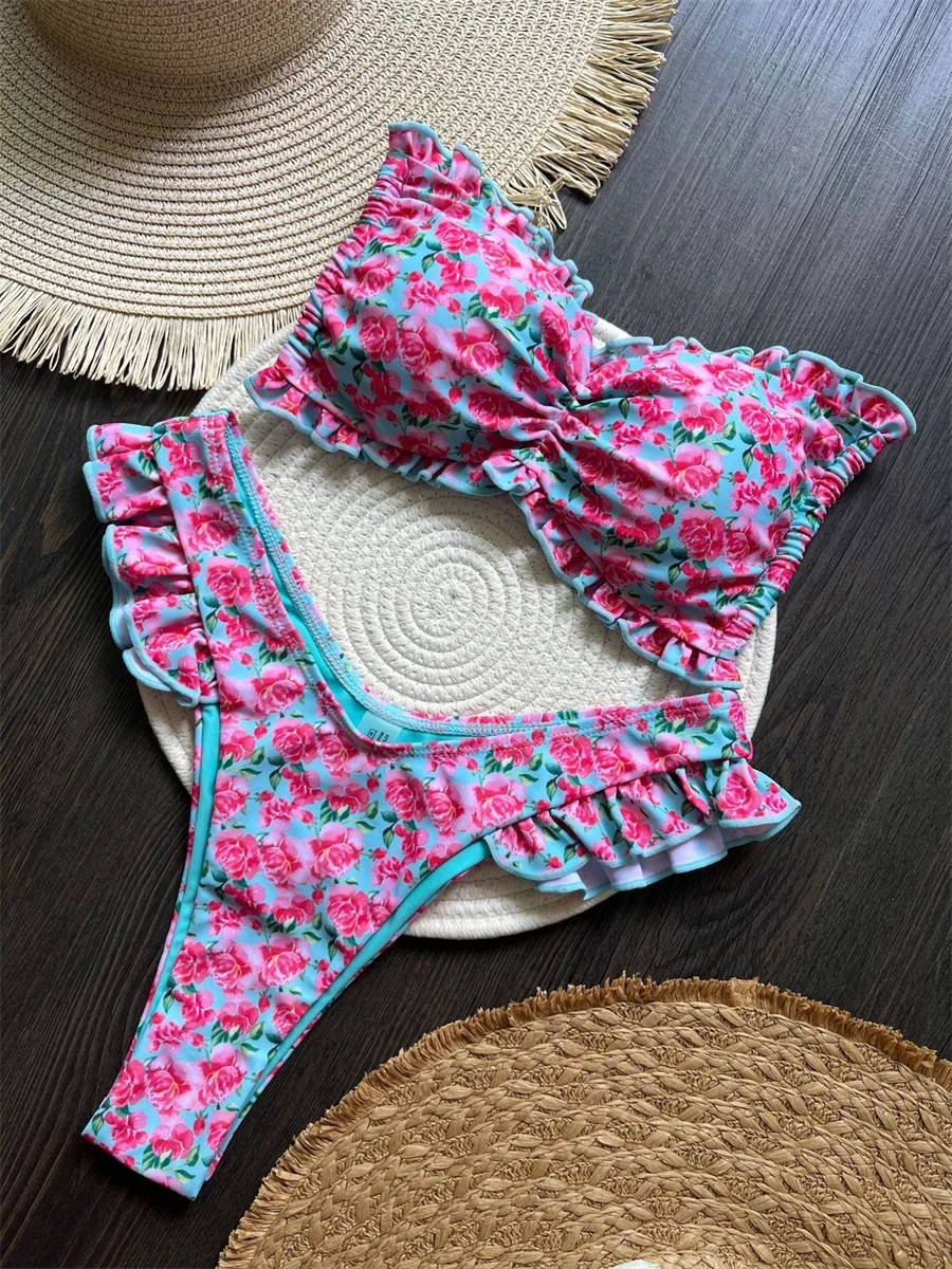 Stylish Women s Tropical Print Bikini Set with Adjustable Tie Back and Halter Neck Chic Two Piece Swimsuit for Summer Beachwear