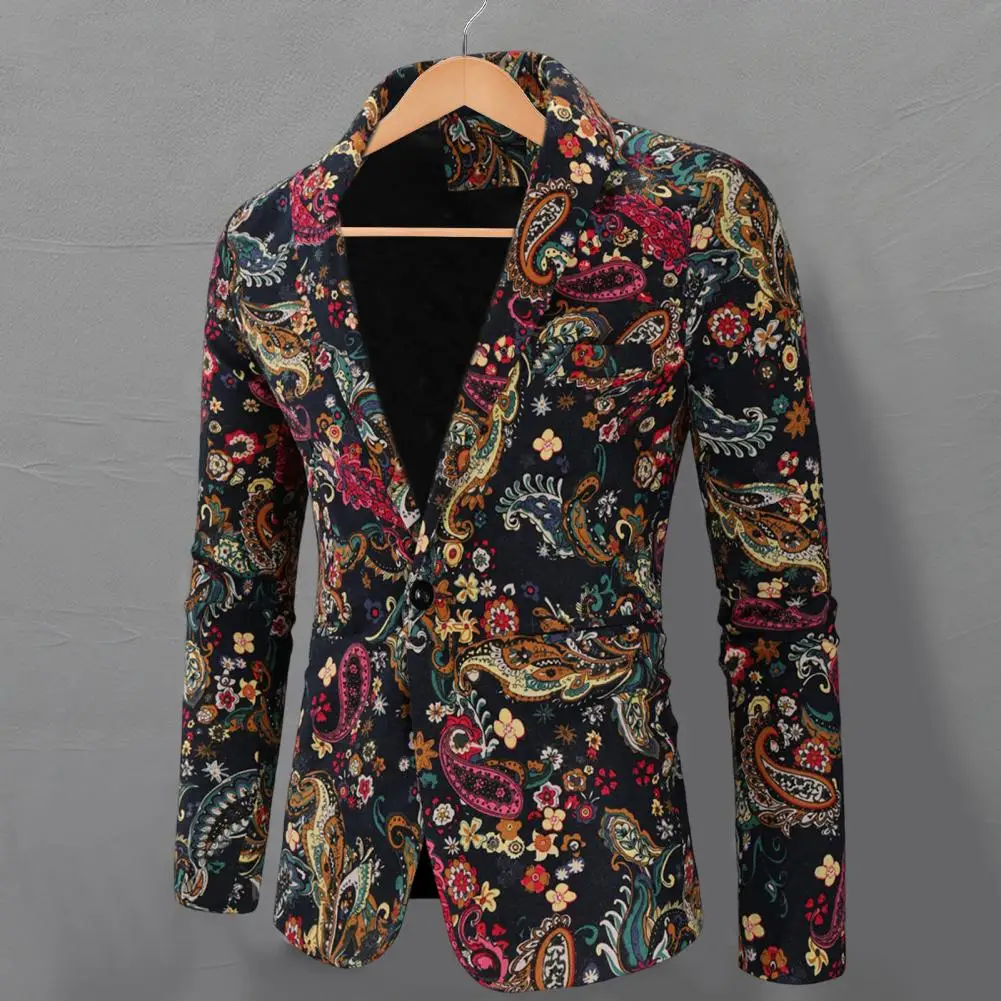 Men Blazer Fashion Print Turndown Collar Long Sleeve Button Loose Suit Jacket Colorful Pattern Lapel Blazer Suit Coat Streetwear men blazers