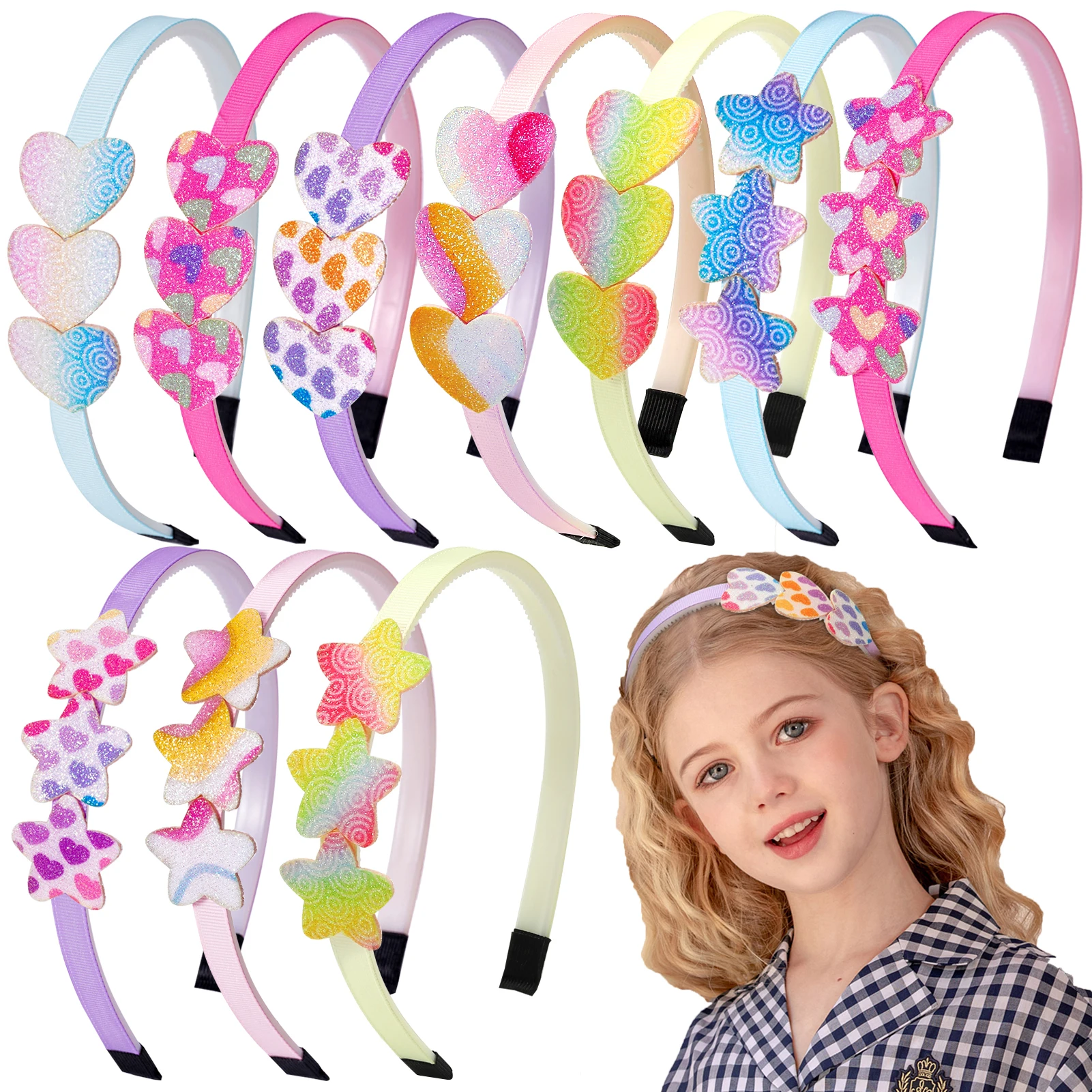 10pcs/set Girls Glitter Hair Bands Cute Colors Hair Hoop Hairbands Lovely Bow Stars Headbands for Kids Gifts Hair Accessories 1pc newborn solid bow headband for baby girls turban elastic hair bands nylon headwear lovely baby hair accessories wholesale