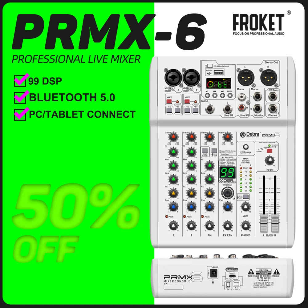 FROKET 99 DSP Effects Audio Mixer DJ Console Sound Mixing Console USB Record With 5.0 BT Studio 24bit 192k,For Recording Studio