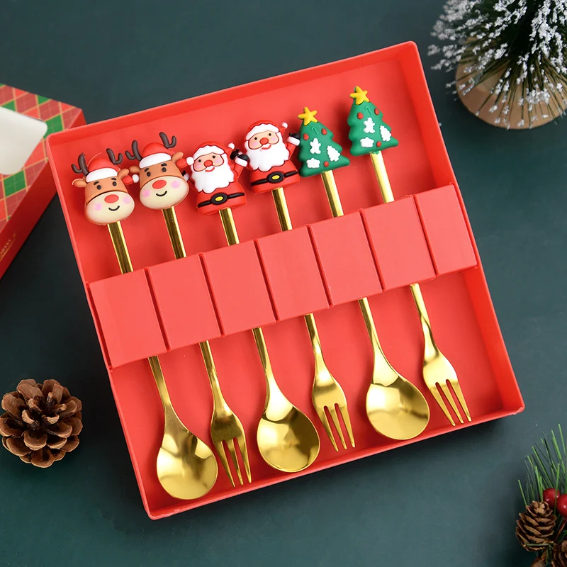 2/4/6pcs Christmas Spoons Forks Set Gold Christmas Stainless Steel Spoon Dessert Spoon New Year Decoration For Tableware party decorations stainless steel cutlery set