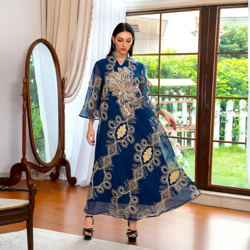 Ethnic Style Women Sequin Burnt Flower Evening Dress Big Swing Dress Vestidos Elegantes Para Mujer Muslim Dresses for Women