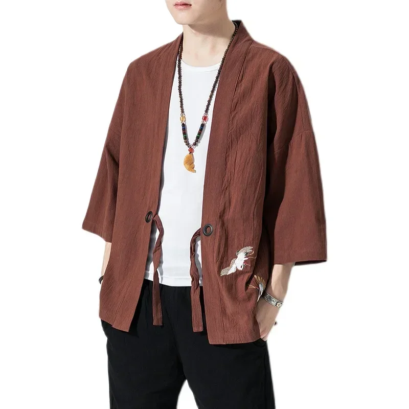 Japanese Kimono Japanese Kimono Cardigan Japanese Kimono Shirt Cotton Linen Men Kimono Cardigan Japanese Obi Male Yukata Haori Thin Causal Samurai Clothing Traditional Streetwear Jacket