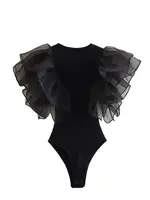 Willshela Women Fashion Black Ruffled Bodysuits Vintage O-Neck Sleeveless Female Chic Lady Tight Tops