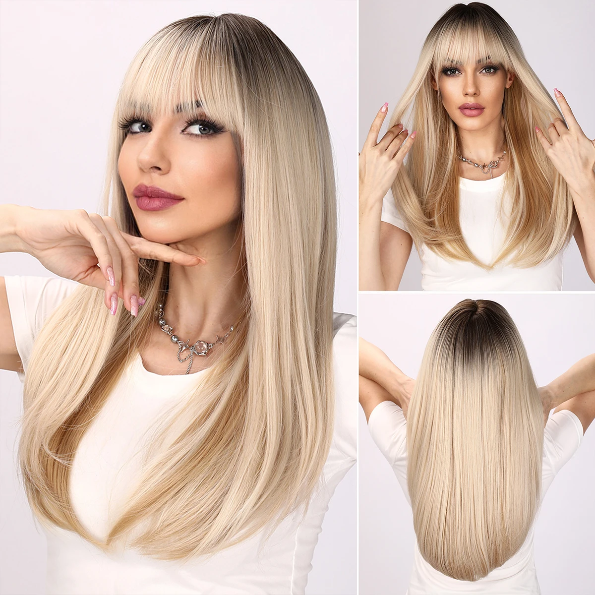 Light Gold Blonde Synthetic Wigs With Flat Bangs for Women Long Straight Hair Wig Natural Cosplay Party Heat Resistant Hair synthetic blonde wig with bangs short none lace front wig for women middle parting daily cosplay party heat resistant bang wig