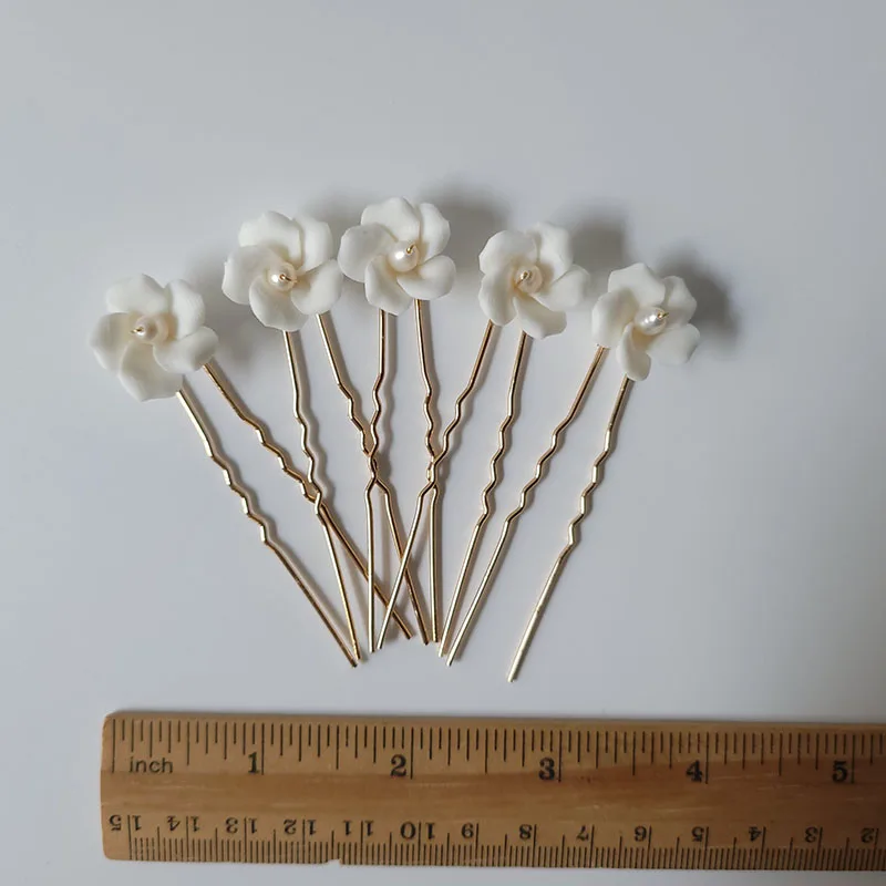 SLBRIDAL Handmade INS Style Pearls Ceram Flower Bridal Hair Pin Set Wedding Hair Sticker Hair Accessories Women Hair Jewelry