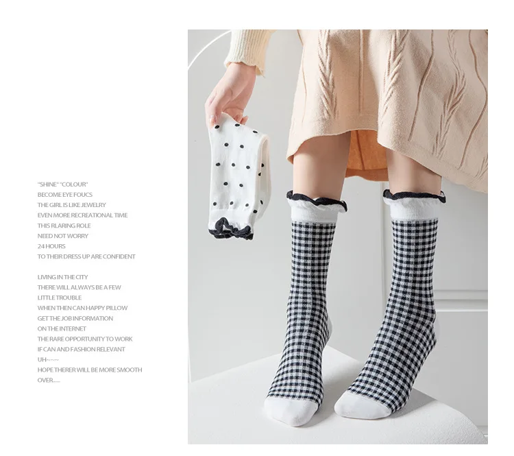 1/5 Paar Damensocken, japanische gerollte Kante, Lolita, gepunktet, kariert, Spitze, Preppy-Stil, Komfort, hochwertige Baumwollsocken für Mädchen – Detail 10