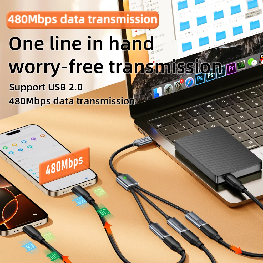 Multi-Port USB Expansion Hub: 3-in-1 Splitter Cable with USB-A/Type-C Outputs