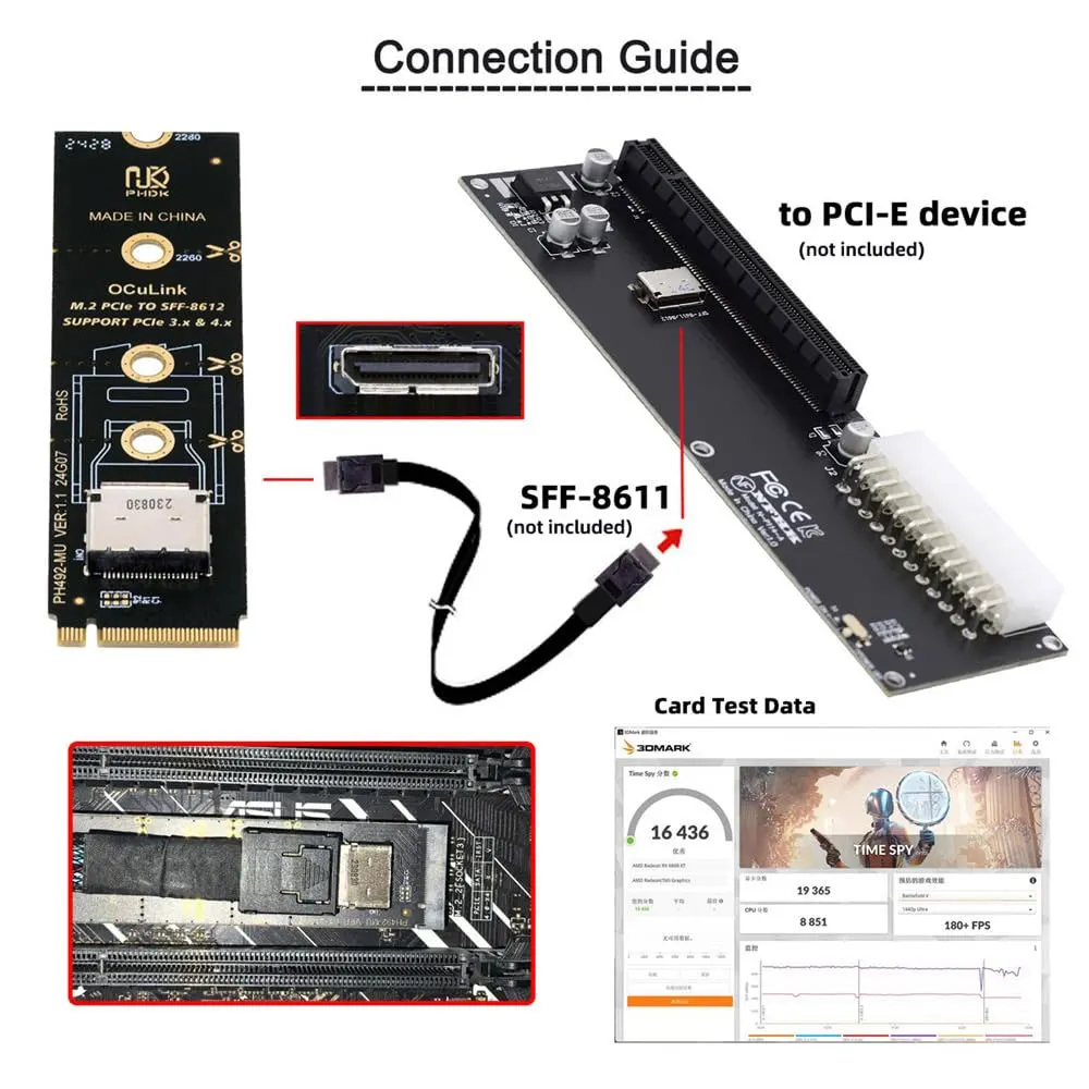 SFF-8612 to PCI-E 4.0 NVME M.2 M-Key Oculink Host Adapter Support 2230/2242/2280 SFF-8612 U.2 SSD & eGPU