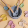 2pcs/set Tableware Baby Spoon Fork Set Children's Silicone Wooden Feeding Training Baby Dinnerware Cutlery Baby Feeding Supplies 6
