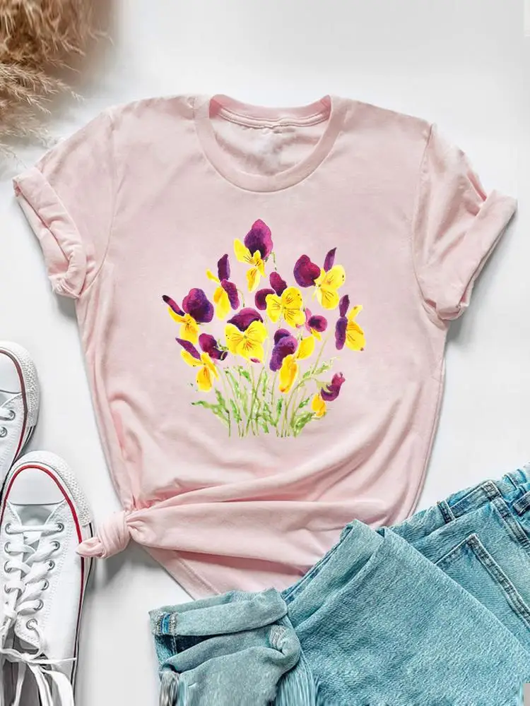 Sweet Watercolor Flower 90s Clothing Short Sleeve Tee Top Summer Graphic T Shirt Women Fashion Casual Female Print T-shirt